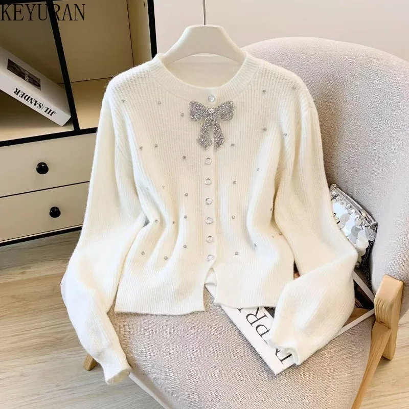 

Вязаный кардиган с милым бантом и бриллиантами, женский осенне-зимний шикарный корейский однобортный однобортный свитер с длинными рукавами, трикотажные топы