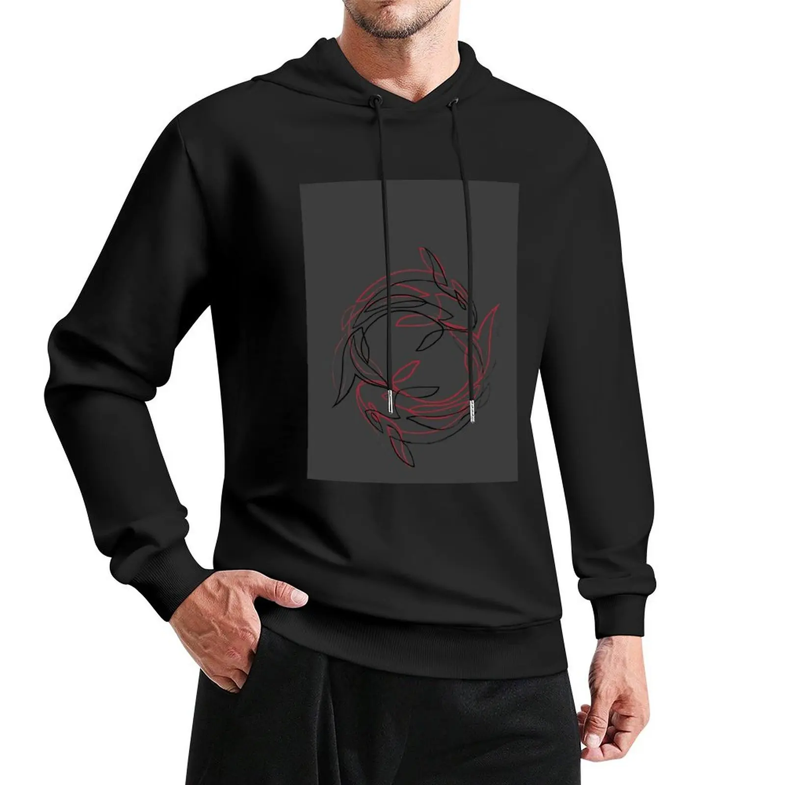 Black & Red Two Fishes Pullover Hoodie korean clothes men clothes tracksuit men