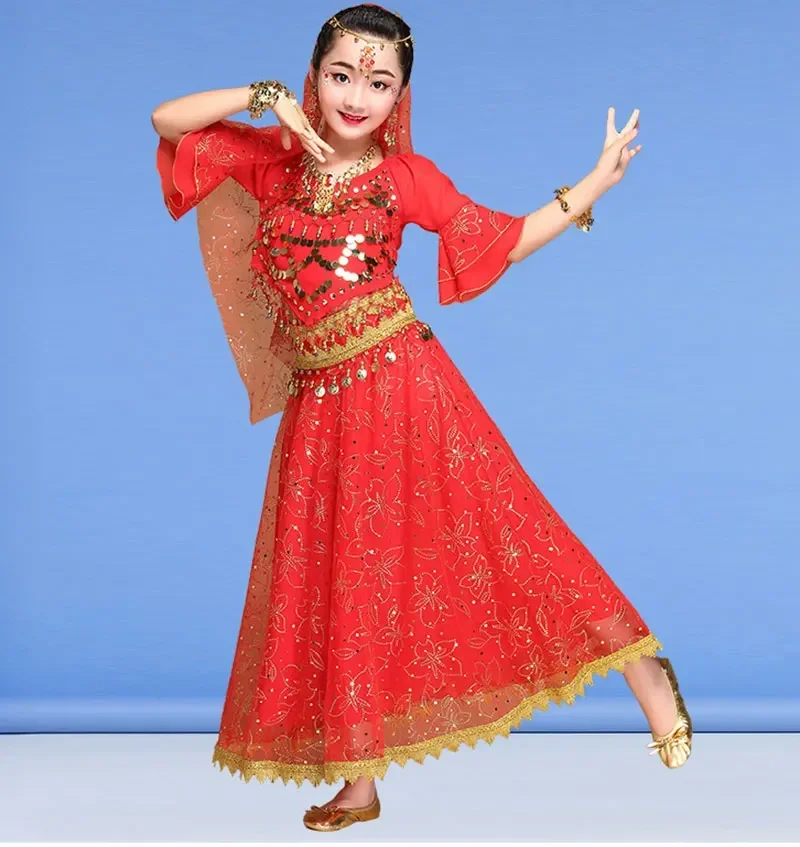 4PCS Girl Belly Dance Costumes for Children Belly Costumes Skirt Set Girls Bollywood Dancing Dress Kid Indian Stage Dance Suit