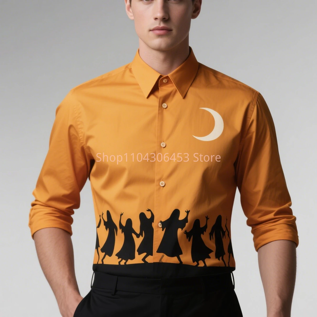 Autumn Men's Halloween Castle Ghost Skull 3D Printing Funny Shirt Hawaiian Casual Long Sleeve Lapel Shirt Party Simple Retro Top