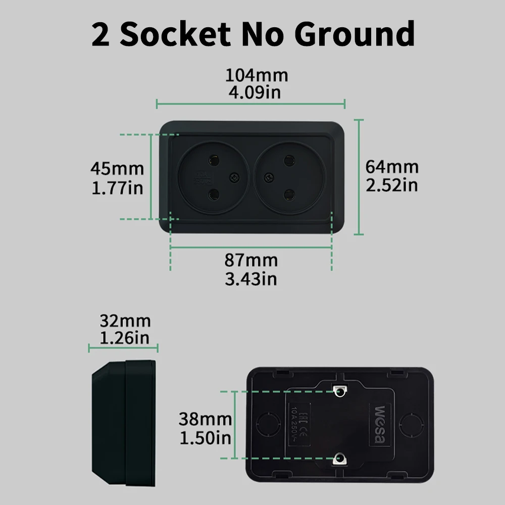 منافذ كهربائية سوداء سطح الحائط مقبس الطاقة الكلاسيكي الطلاء البلاستيك لا الأرض لهب الاتحاد الأوروبي القياسية 250 فولت السطح