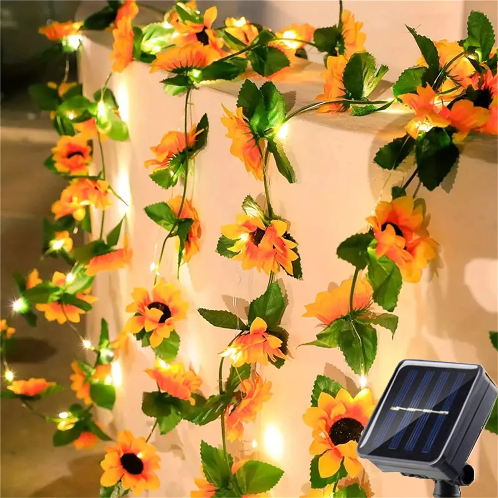 

2-10M led Solar Artificial Sunflower Rose String Light Garland Fairy String Lights Green Leaf Vine Light for Garden Party Decor