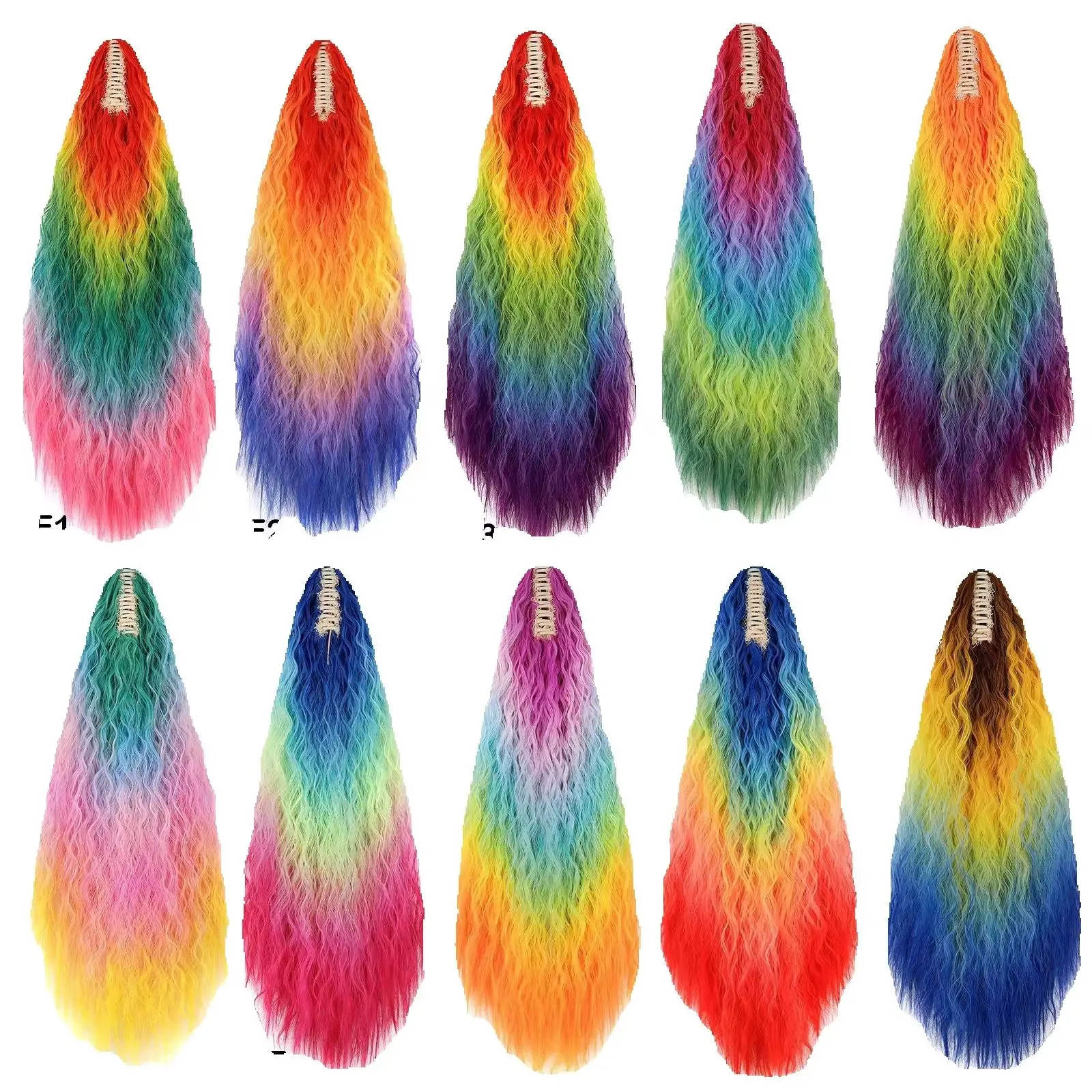 Jeedou Lange lockige Pferdeschwanz-Haarverlängerung, Regenbogen-Ombre-Klauenklammer, synthetisches Haarteil, Cosplay-Perücke, zusätzlicher Schwanz für Volumen