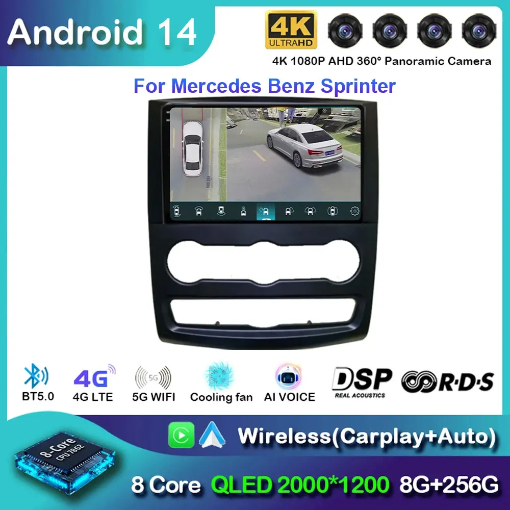 

10 "Android 14 для Mercedes Benz Sprinter 2K 8 + 256 ГБ QLED Android автомобильный радиоприемник мультимедийный видеоплеер GPS стерео CarPlay WIFI + 4G