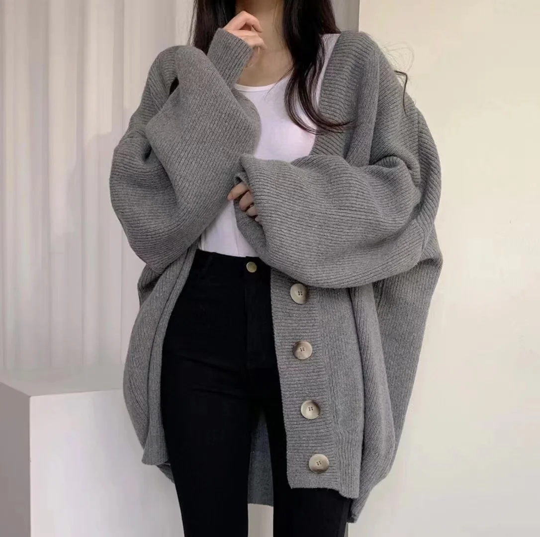 FIGOHR Korean chic casual lazy style V-neck single breasted loose lantern sleeve knitted cardigan sweater jacket women 2025