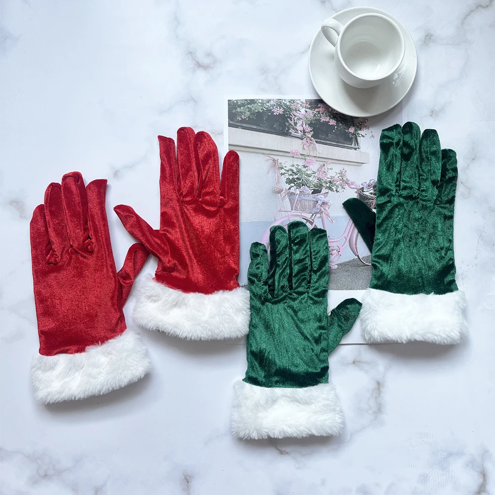 Weihnachtsmann-Handschuhe, weißes Fell, Kostümparty, kurz, rot, Weihnachtsmann-Vollfinger-Handschuhe, Weihnachten, festliches Kostümzubehör, Fäustlinge
