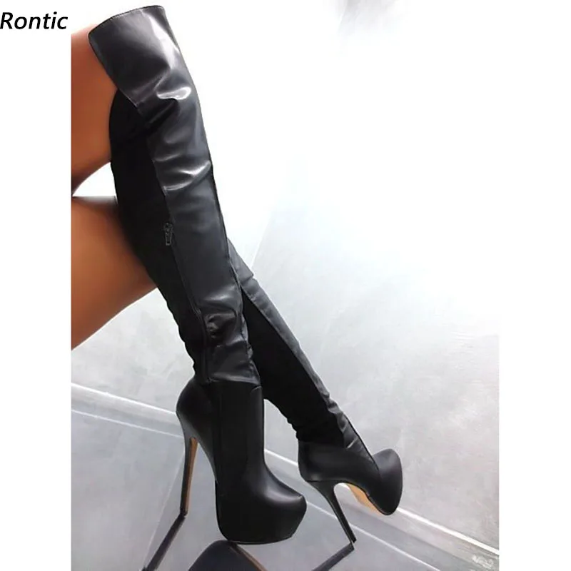 Rontic Neue Mode Frauen Winter Overknee Stiefel Stiletto Heels Runde Kappe Schwarz Party Schuhe UNS Größe 5-20