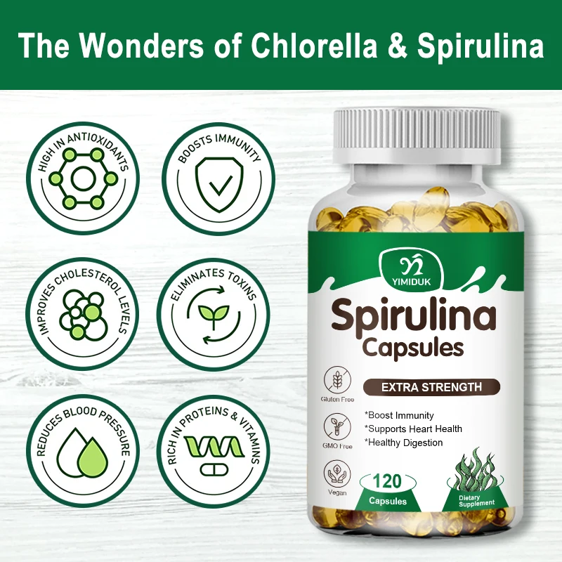 Spirulina Cápsulas para Saúde do Coração, Superalimento Verde, Suporte Detox, Magnésio, Estearato, Visão Ocular, Saúde do Cérebro