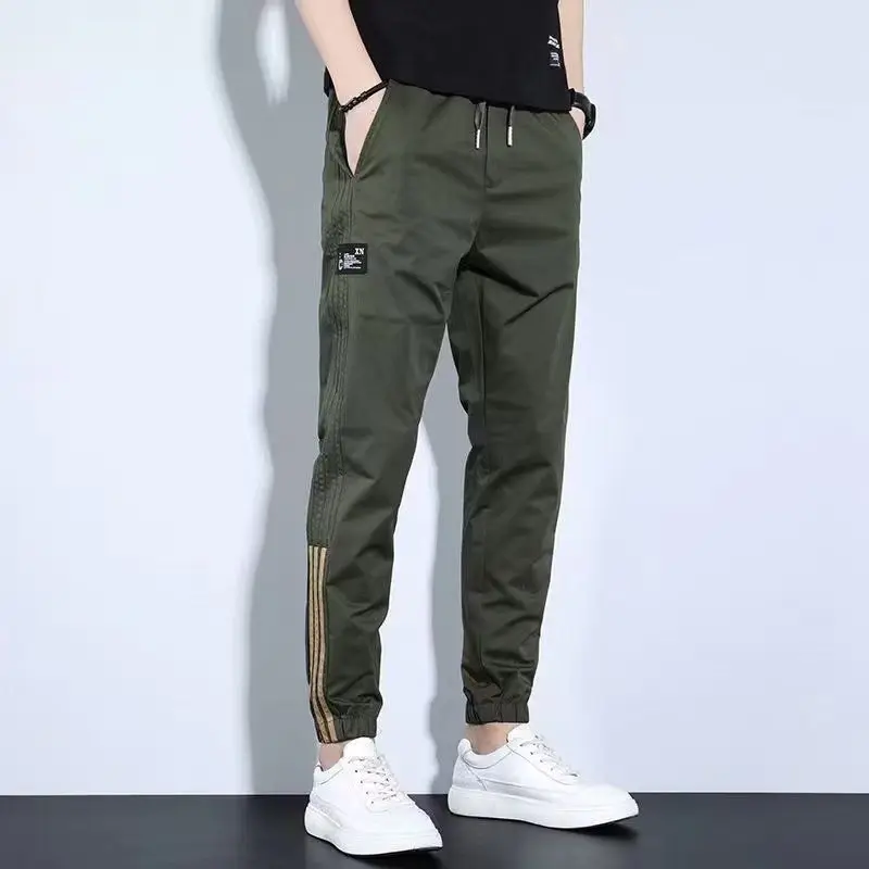 Summer Boyfriend 2024 Slim Loose Patchwork Elasticized Drawstring Pocket Fashion Solid Color Casual Sports Straight Leg Pants