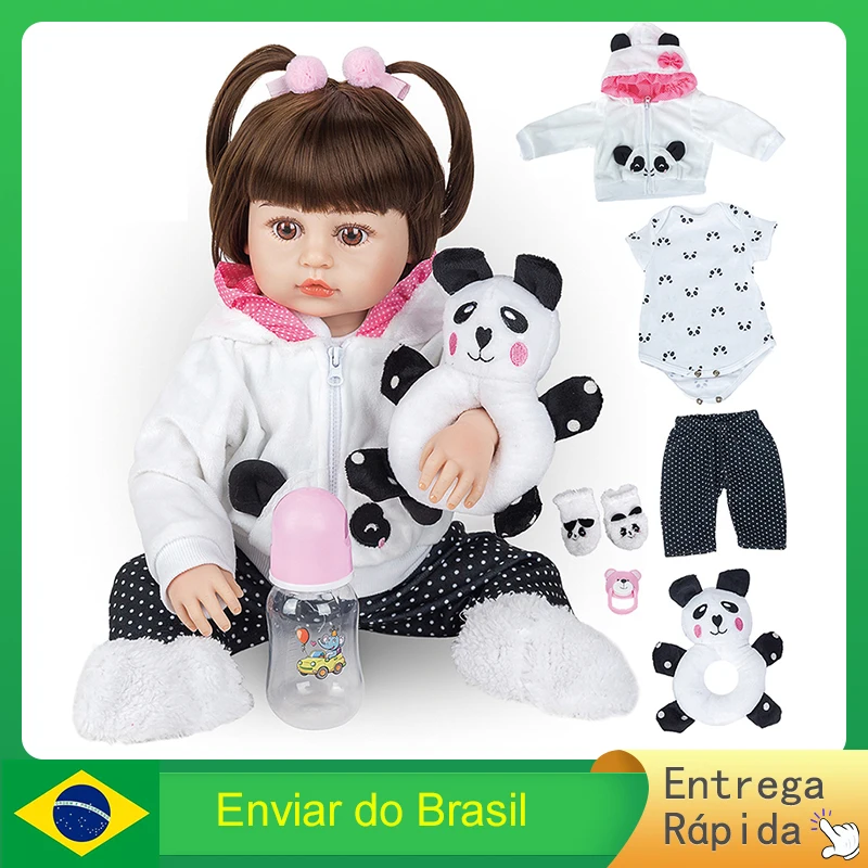 BRASTOY Boneca Reborn Panda Menina 48cm Corpo de Silicone Vem Com Pelúcia