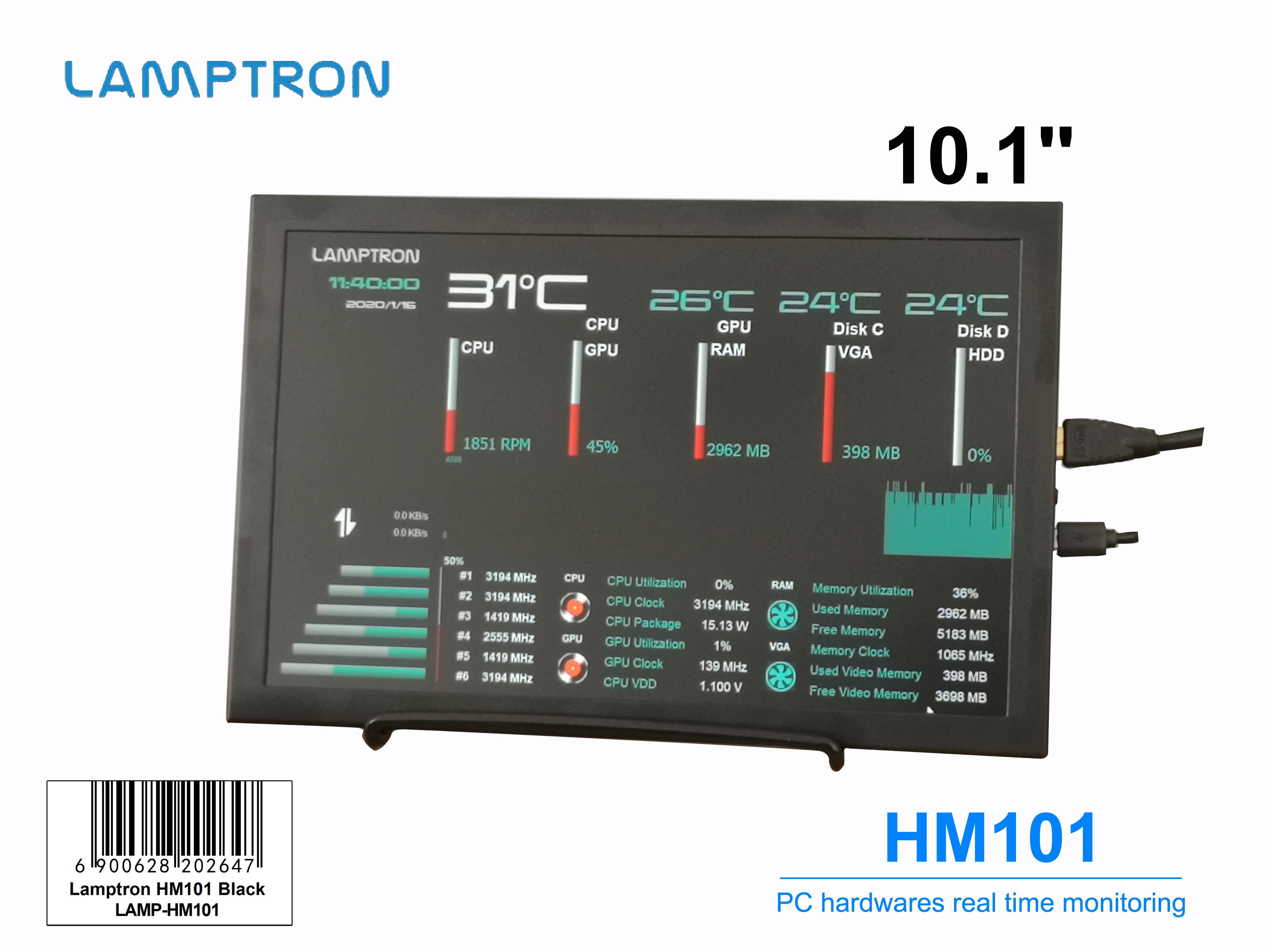 

Аппаратный монитор Lamptron HM101, портативный дисплей