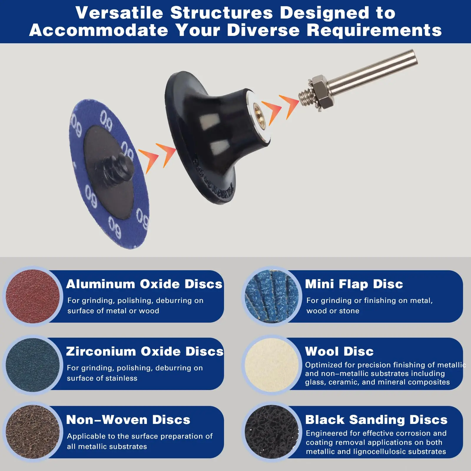 Juego de discos de lijado de 60 uds., disco de cambio rápido de 2 pulgadas con soporte de 1/4 pulgadas, disco de acondicionamiento de superficie para amoladora, tira de superficie