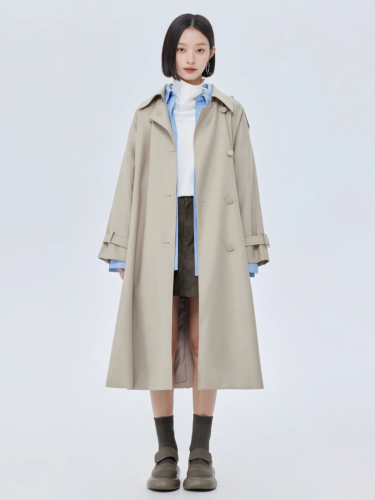 

Новинка 2026: Модный тренд — женское свободное длинное пальто Ele Casual с диагональными полосами высокой плотности, на поясе, светло-бежевое