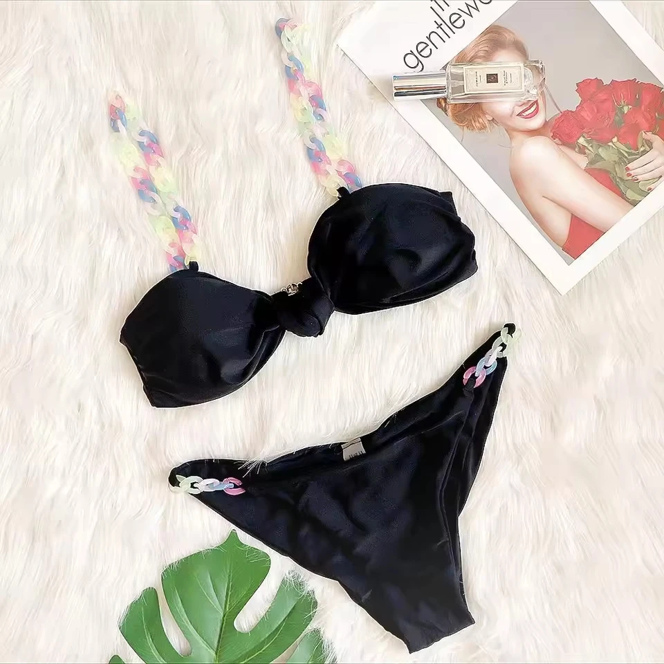 

Bikini 2025 Sexy Swimwear Swimsuit Women Knotted Colorful Chain Bikini Set Bathing Suit Beach Female 4 Colors Biquinis Feminino