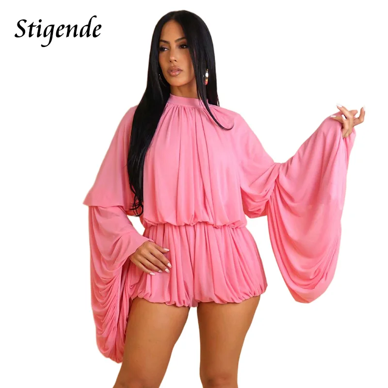 

Stigende Women Long Sleeve Loose Jumpsuit Solid Color Multi Layered Ruffer Romper