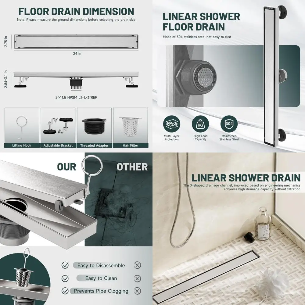 

24 Rectangular Stainless Steel Shower Drain with Hair Catcher in Brushed Nickel Finish