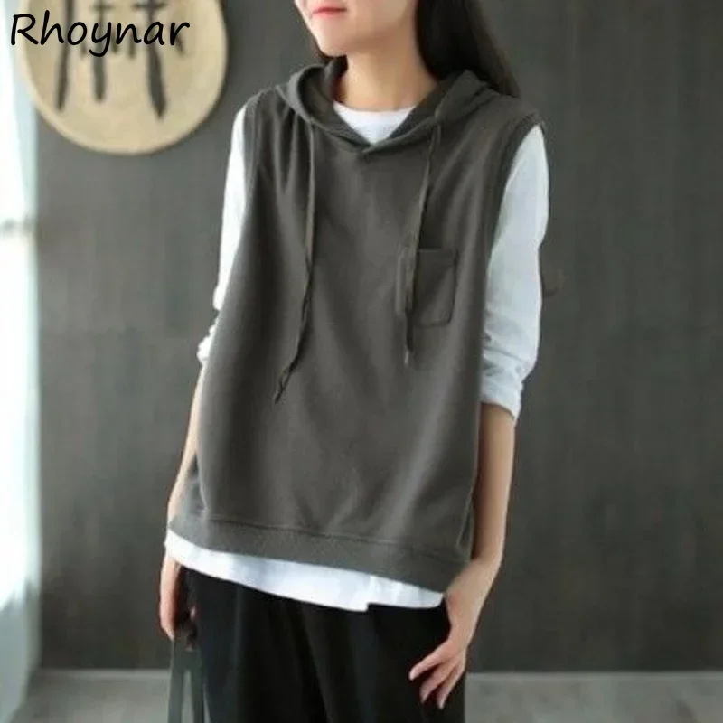 

Vests Women Hooded Simple Harajuku Japanese Style Students Casual All-match Pockets Female Tender New Chic Vintage Streetwear