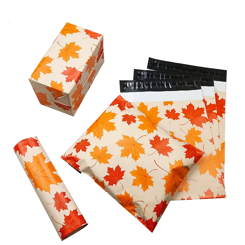 10x13inch Maple Leaf Printing Shipping Envelope Orange Plastic Delivery Bag Waterproof Packaging Supplies Gift Courier Bag 10Pcs