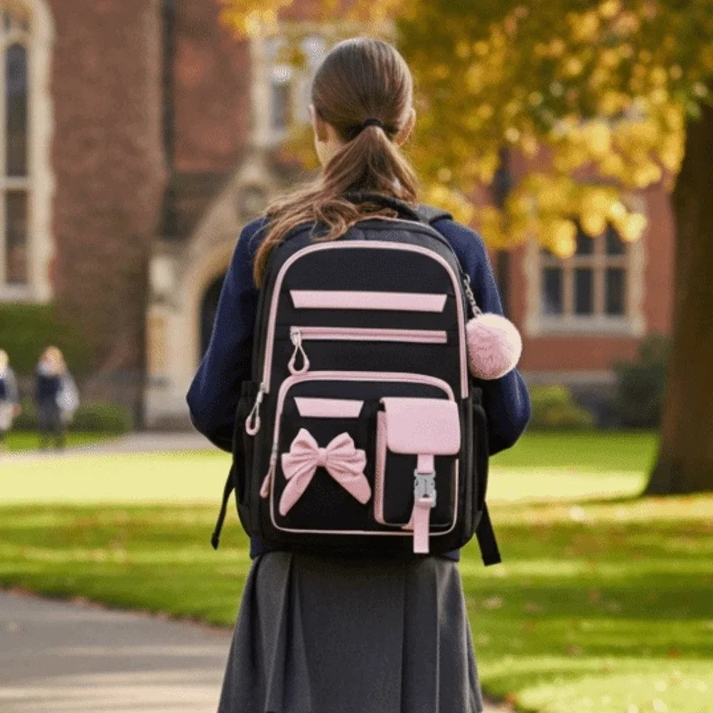 

Набор школьных рюкзаков из трех предметов: повседневный рюкзак для студентов из полиэстера с сумкой для обедов и пеналом, нейлоновый рюкзак с бантом