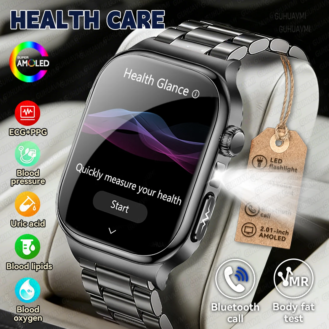 

2026New Precise Measurement Health Care AMOLED Smart Watch ECG Uric Acid Blood Lipids Pressure Flashlight Smartwatches Men Women