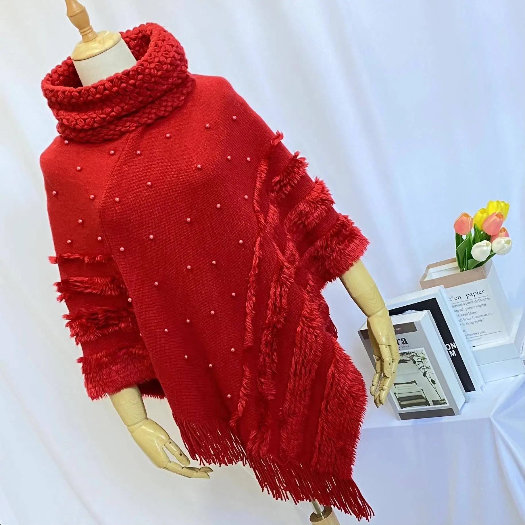 

Autumn Winter Knitted Pure Color Cowl Neck Tassel Shawl Wrap Versatile Shoulder High Fashion Warm Acrylic Scarf Accessory