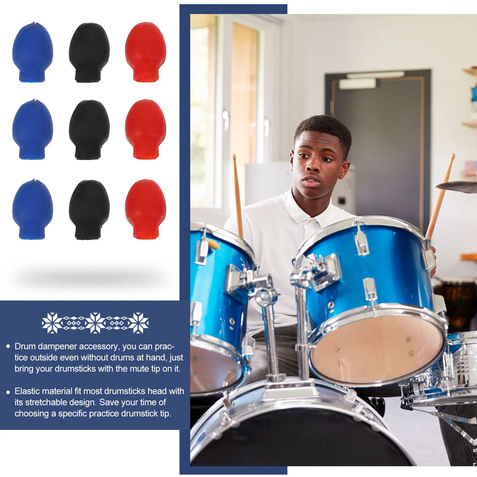 

6Pairs Drumstick Mute Tips Rubber Sleeve Dampener Accessory Protect Drumsticks Head Greatly Reduce Noise Practice Anywhere