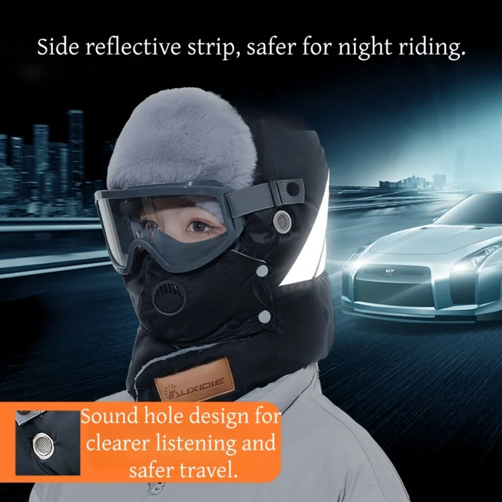 Windproof Warm Earflap Hat with Glasses Thicken Velvet Hood Mask Women's Leifeng Caps Safety Riding Reflective Strip Winter Hat