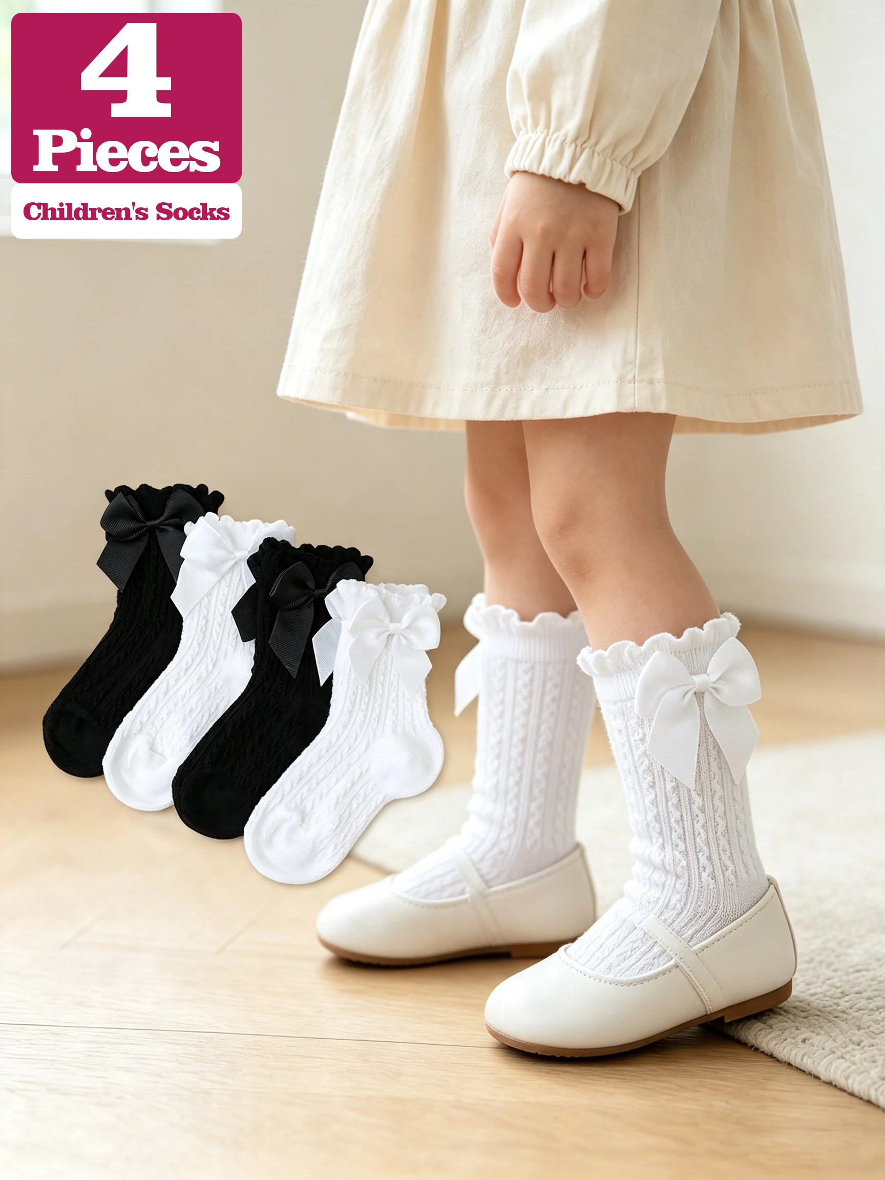4 Pairs Girls Hollow Knit Mid Calf Socks Wide Satin Bow Frill Edge Lightweight Breathable School & Lolita Party Outfits 2-12Y