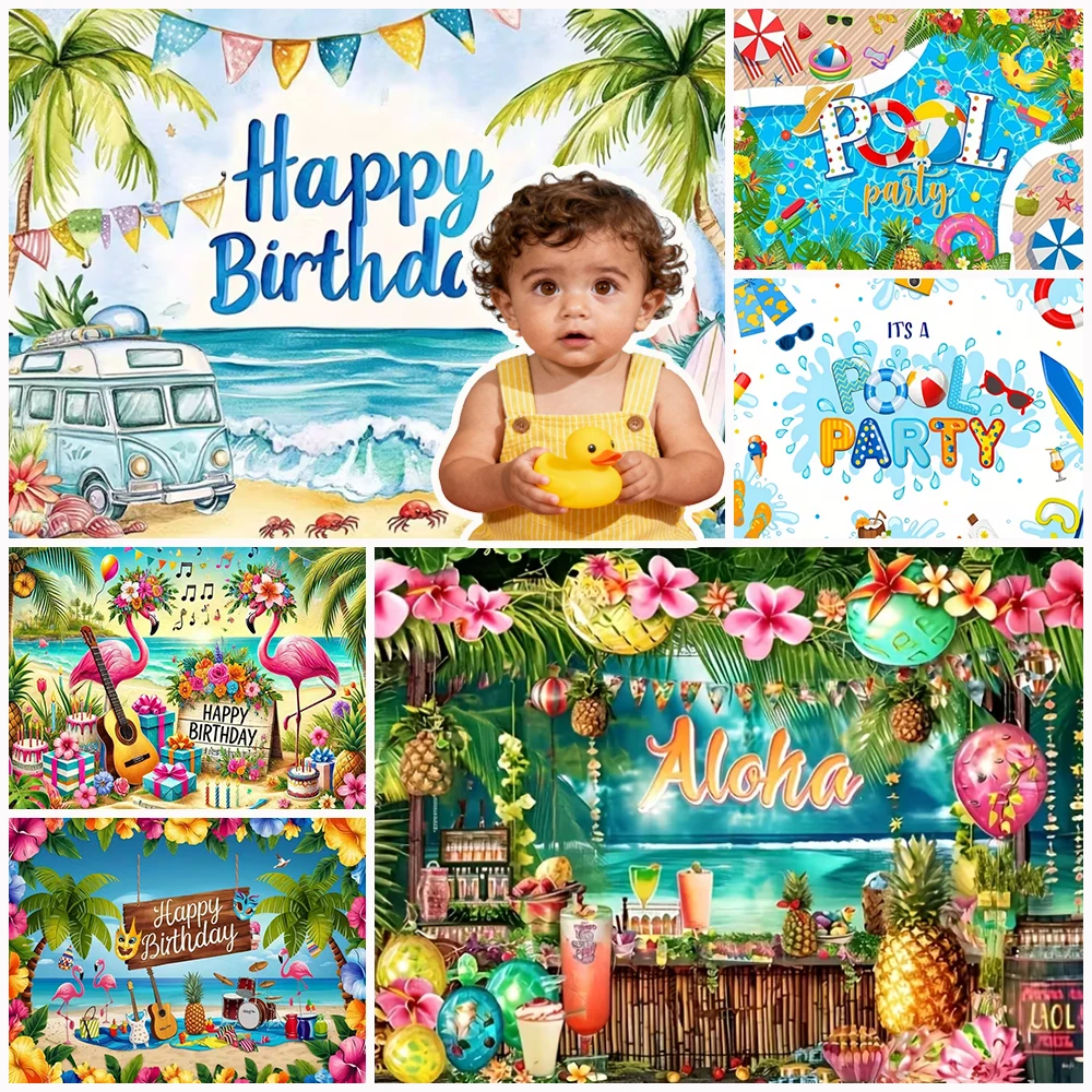 

Summer Pool Birthday Party Backdrop Hawaii Beach Swimming Coconut Tree Surfboard Holiday Party Supplie Photography Background