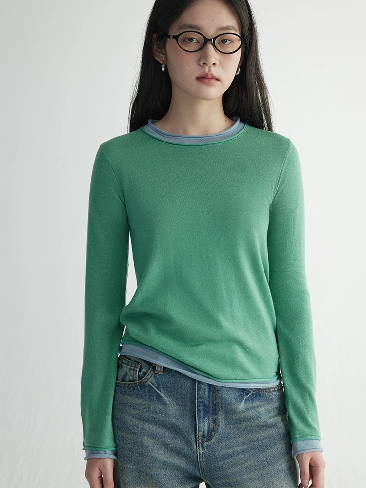 

HaveRice Casual Color Blo Knitted Sweater Full Wool hine Waable Fake Two-Piece Sle Commute Simple Design Spring Coll...