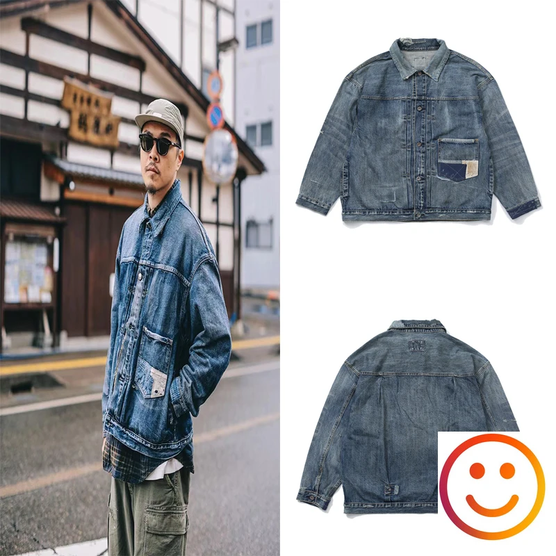 Ready Stock Indigo Blue MADNESS Denim Jacket Patchwork Pockets Men Women Hole Damaged High Street MDNS Cowboy Jacket Japanese