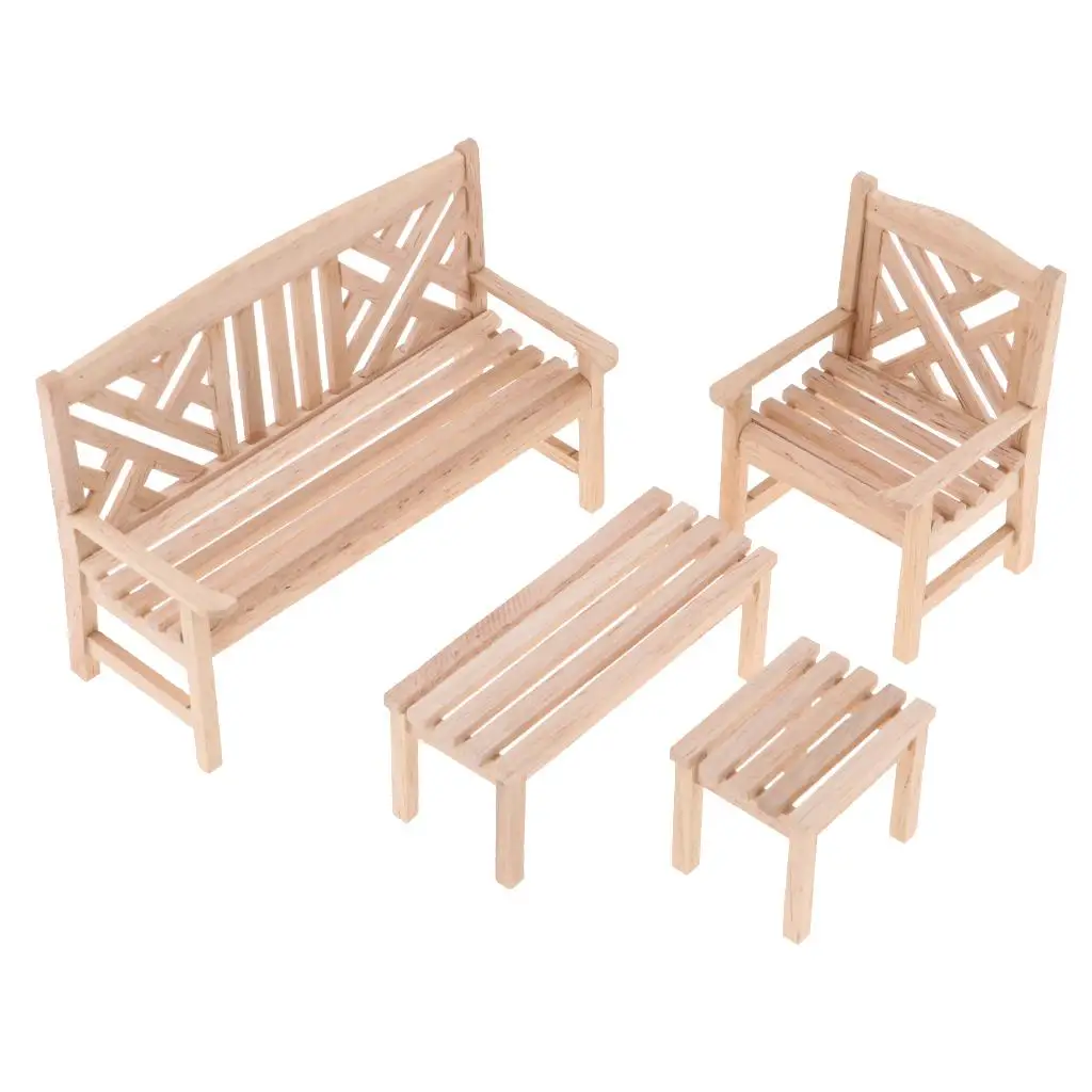 

Wooden Dollhouse Tea Table Chair Set Unpainted Miniatures Furniture Props for 1 12 Fairy Garden Kids Playroom
