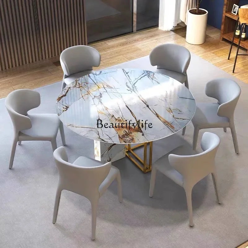 

ls 18Round Rock Slab Dining Table with Turntable Modern Simple High-end Stainless Steel Dining Table