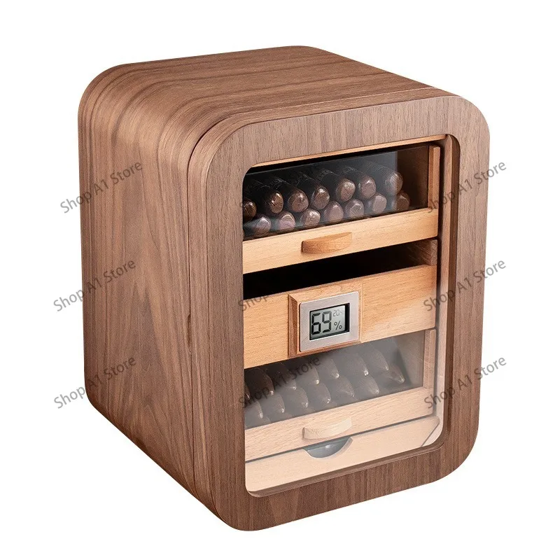 Black Walnut Wood Cigar Humidor Cabinet 3 Layer Large Capacity Cedar Wood Transparent Window Cigar Aging Storage Cabinet