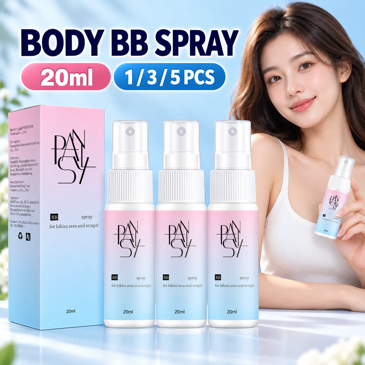 BB Spray For Bikini Area And Armpit 20ml Body Makeup In A White Pump Bottle With A Transparent Cap And Matching Printed Carton