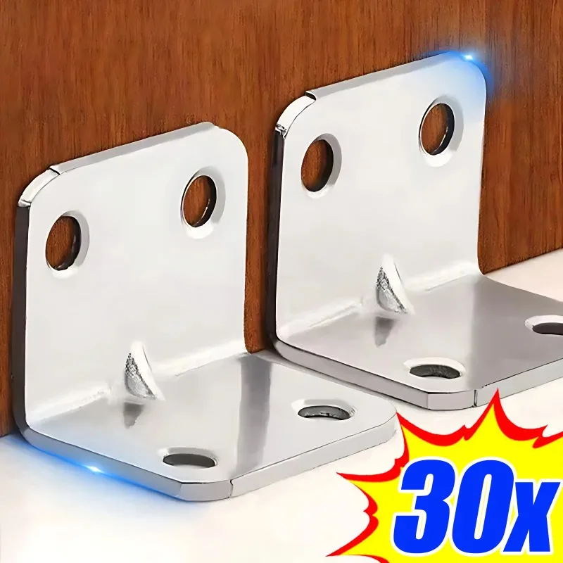 30/10Pcs Stainless Steel Corner Brace Furniture Corner Connector 90° Right Angle Bracket Fastener for Wooden Bedframe Cabinet