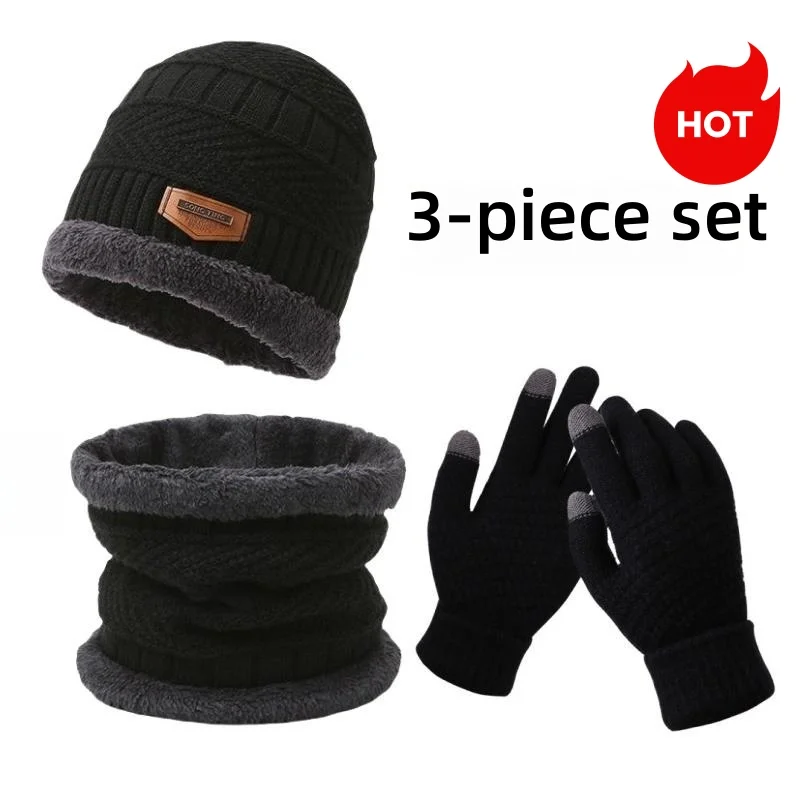 3-piece sleeve knitted hat&neck warmer and glove set, letter patch warm hat and wool collar warm scarf, and winter men's and wom