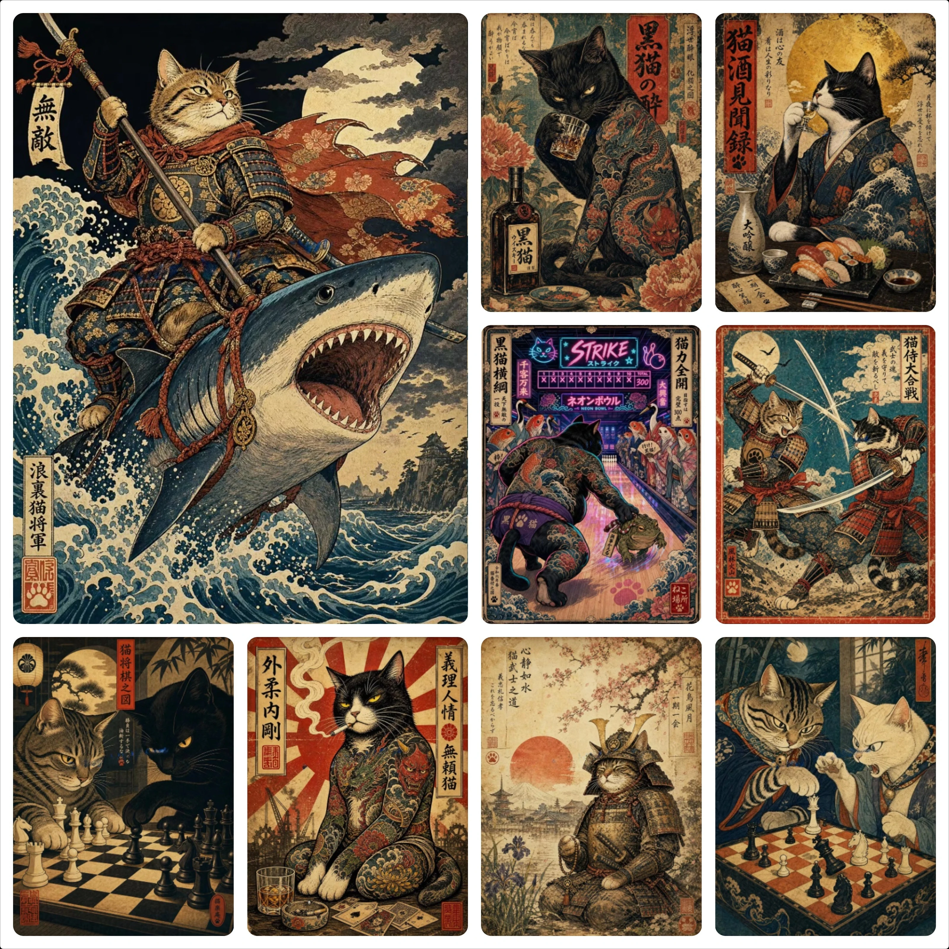 Ukiyo-e Samurai Cat Funny Cats Vintage Jigsaw Puzzles 500/1000/1200/2000PCS Handmade Art Exquisite Home Decor Gift No Frame