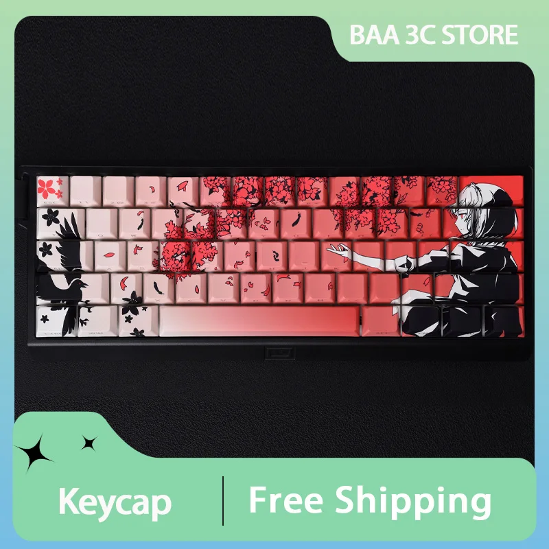 Sakura Raven Keycap PBT Dye-sublimation Cherry Profile Keycaps Side Engraving for Customized  Mechanical Keyboard Accessories