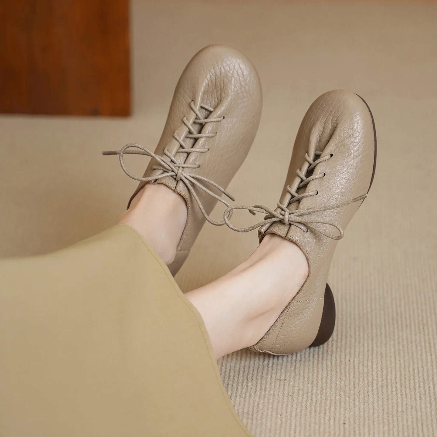 New Genuine Sheepskin Women Oxfords Ruched Lace Up Shoes Soft TPU Sole High Vamp Derby Loafers Spring Autumn Elephant Grey Black