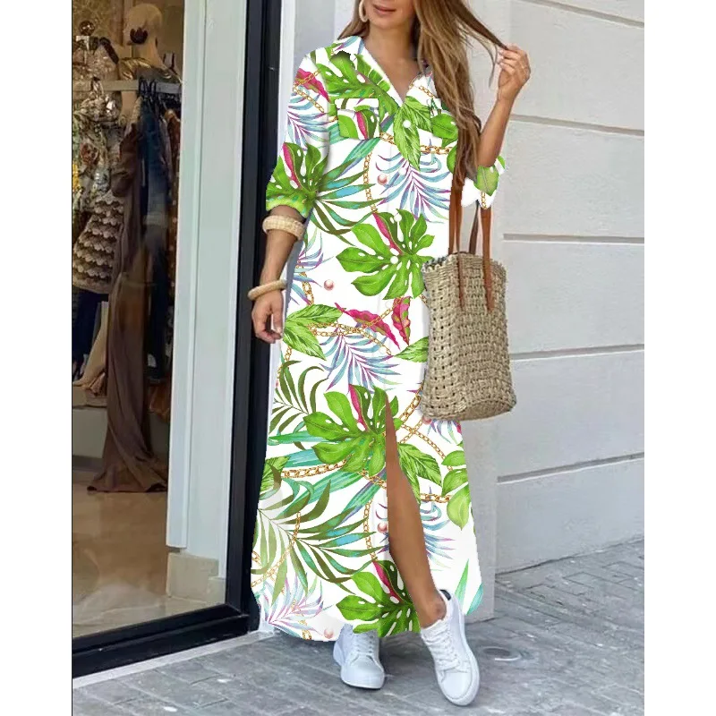 2023 Bay AliExpress New Fashion Long Sleeve Printed Shirt Skirt Long Dress (Positioning Flower) Traf Official Store Summer Dress