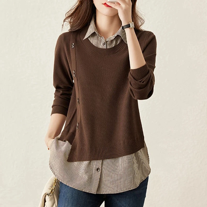 

Винтажная блузка в полоску из двух предметов в стиле пэчворк, весенне-осенняя модная рубашка с воротником-поло и длинными рукавами, трендовая офисная женская одежда