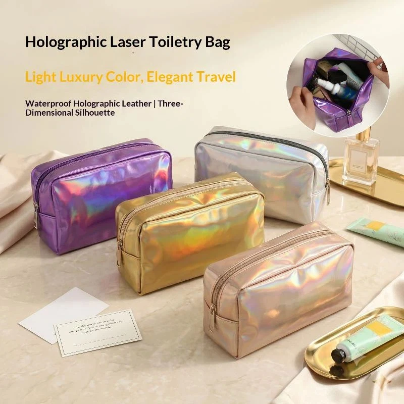 Holographic Laser Toiletry Bag Waterproof Holographic Leather Large Capacity Cosmetic Storage Bag for Daily Commute Use