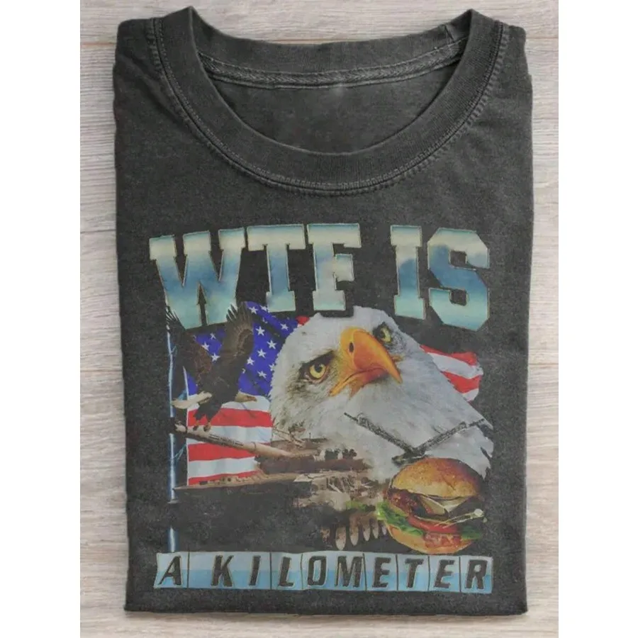 【Nuevo estilo】Camiseta estampada lavada de 1 pieza, 230 g. ¿Qué es un kilómetro? Camiseta de Algodón Estampada con Cera de Alta Calidad, Estilo Vintage, Marca de Moda