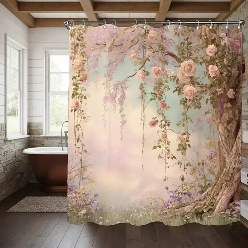 

Romantic Pink Rose Vine Digital Print Shower Curtain Waterproof Bathroom Decor Curtain for Home Decoration