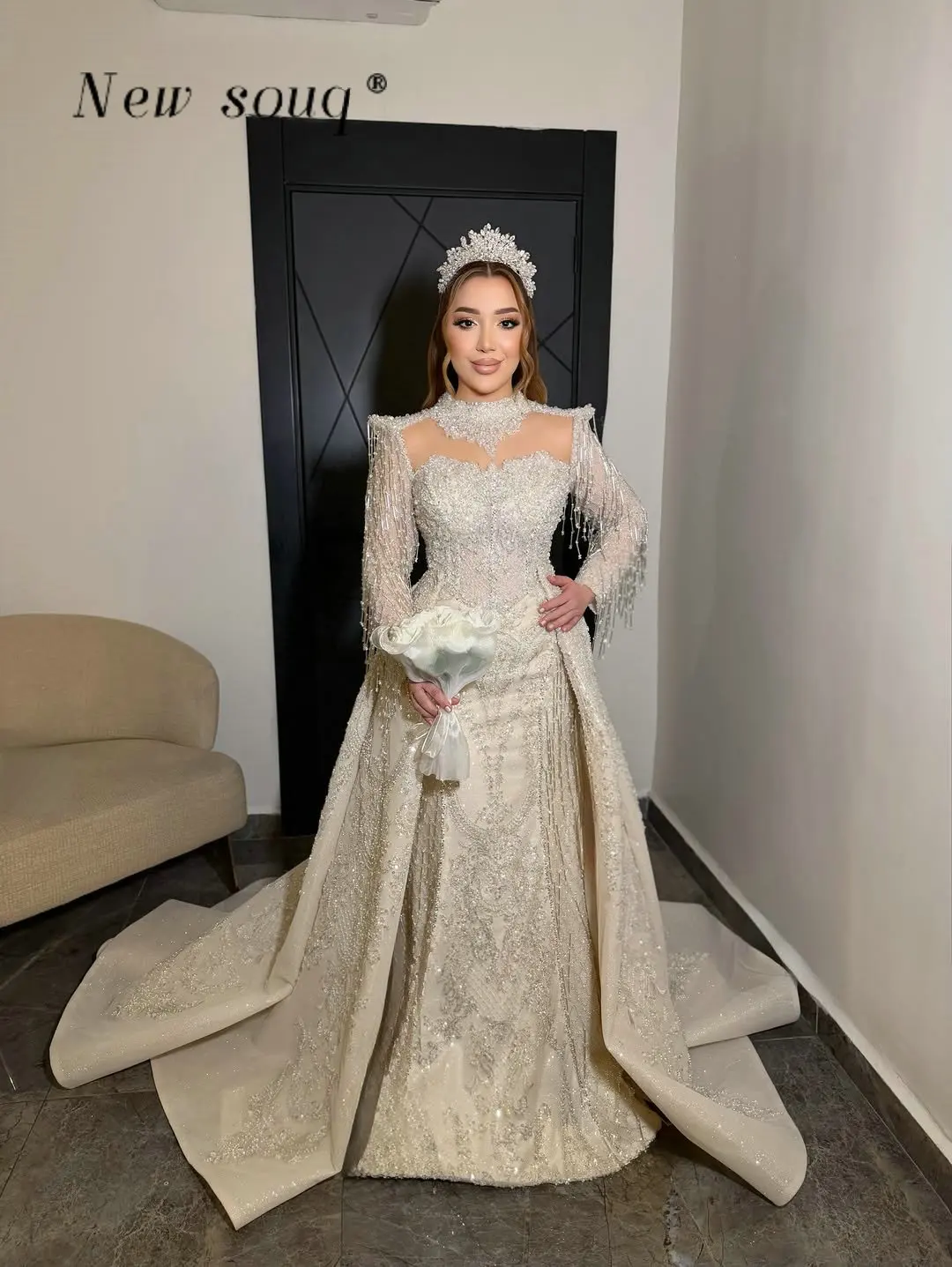 

Индивидуальные вечерние платья с длинными рукавами, бисером и кисточками, 2026, мусульманские, цвета светло-шампань, с накидкой, для свадьбы и выпускного бала