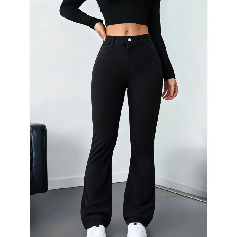 The Latest Pure Black Ladies Jeans, Casual and Versatile Fashion Horn Denim Style, Slim Hip and Solid Color Horn Denim Trousers.