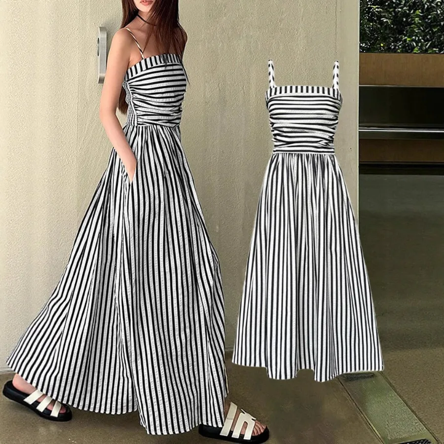

【New style】Summer new style striped suspender dress, feminine style waist waist, strapless tube top long dress