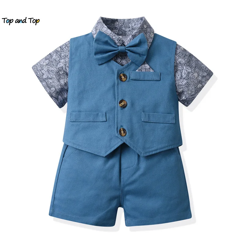 

top and top New Fashion Summer Kids Boys Gentleman Clothing Sets Short Sleeve Bowtie Print Shirt+Vest+Suspenders Shorts Outfits