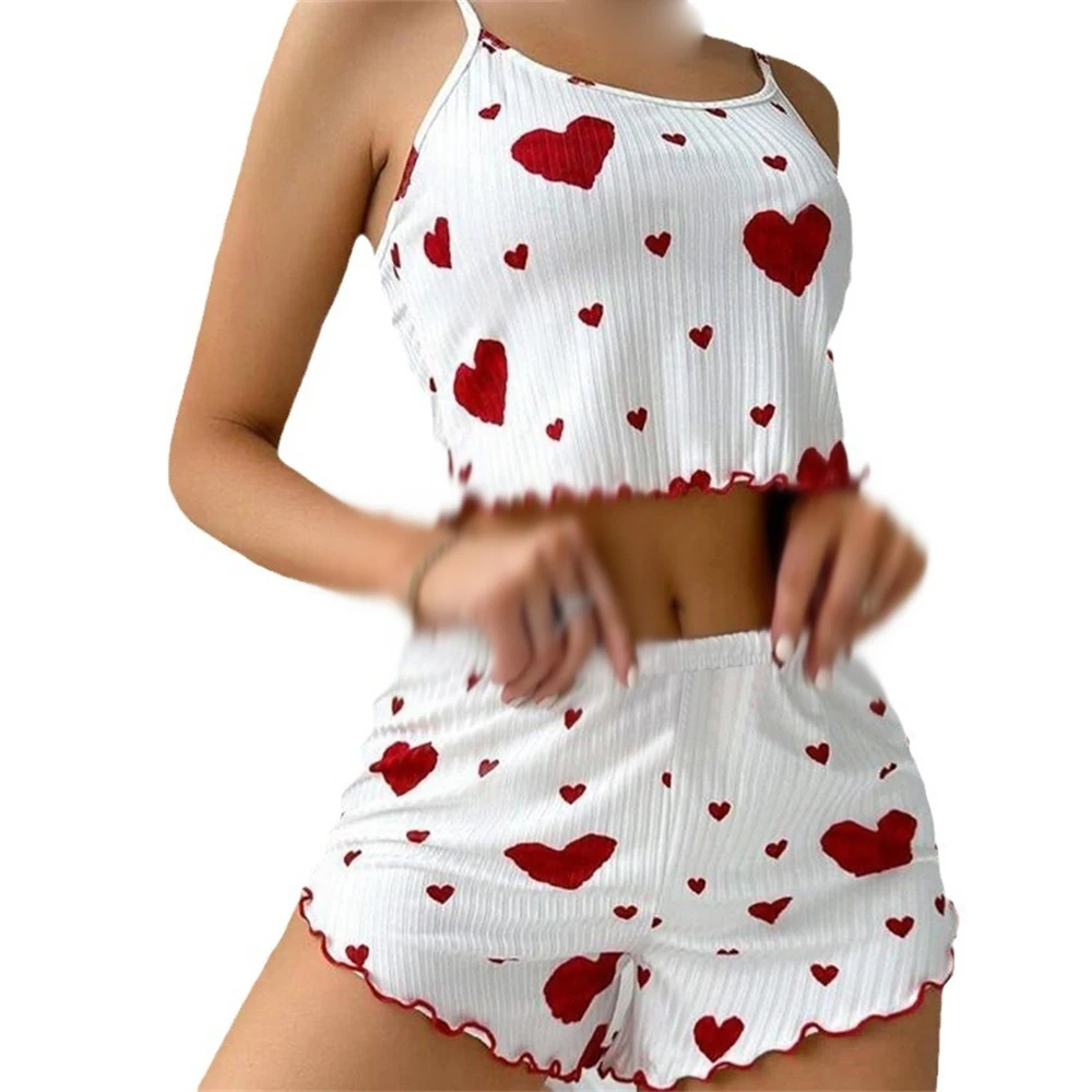 Sweet Summer Striped Heart Print Camisole Shorts Two-piece Pajamas Sleeveless Homewear Nightwear Female Sexy Sling Sleepwear Set